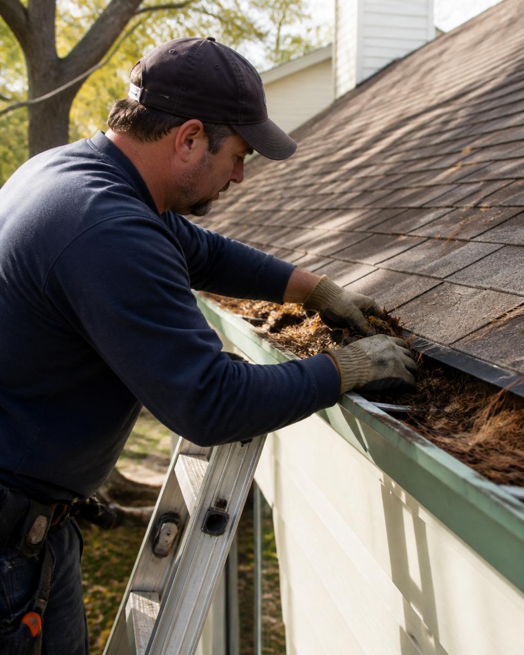 Worker clearing leaves from a residential gutter