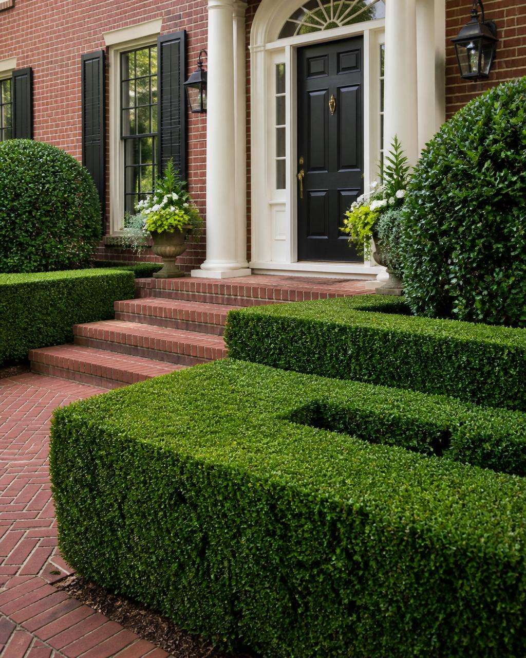 Neatly trimmed boxwood hedges by a brick home entryway