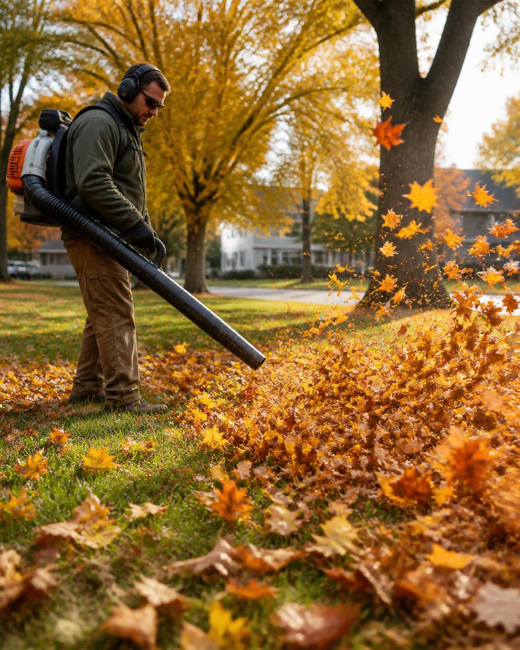 Landscaper using a backpack blower on autumn leaves