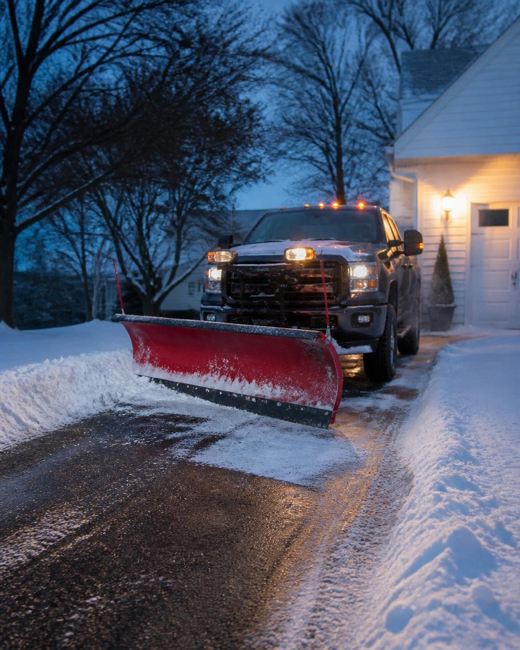 Snow plow truck clearing a residential driveway at dawn
