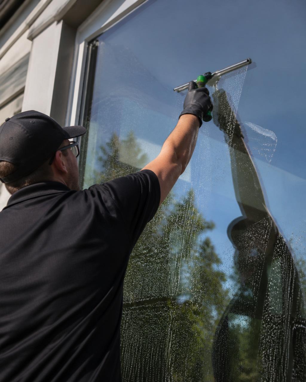 Professional window cleaner using a squeegee on a home window